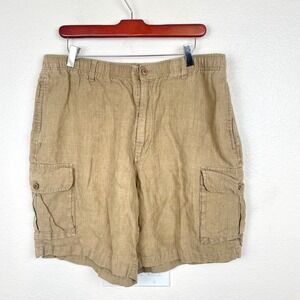 Caribbean Cargo Shorts Mens Size 36 %100 Linen Khaki Elastic Waist Summer Tan